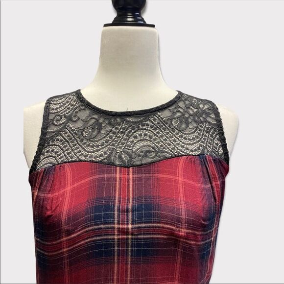 WEARHOUSE ONE | Women's Red and Black Plaid Tank Top with Lace - Picture 2 of 4